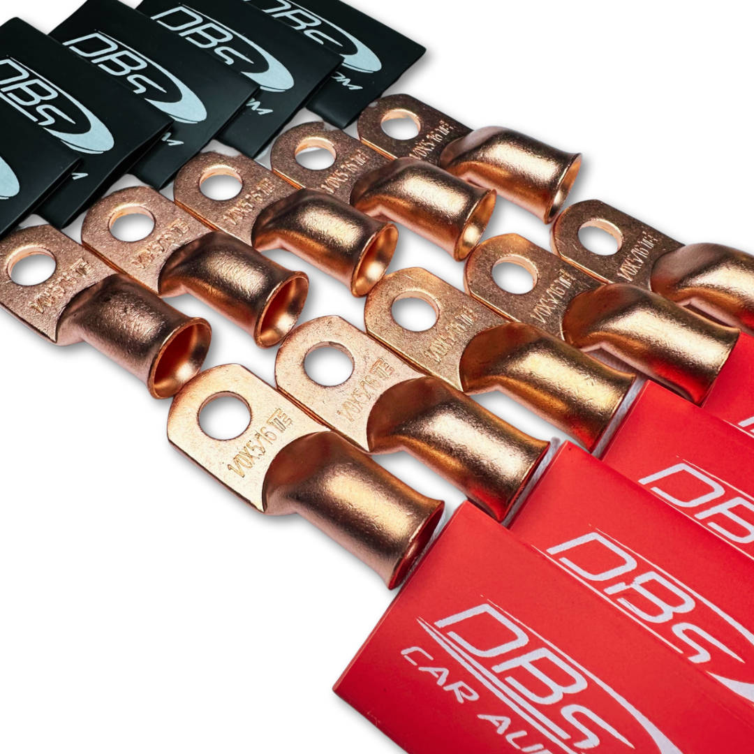 Terminales de anillo de cobre 100% OFC calibre 1/0 con orificio de 5/16" - DBs rojo y negro termorretráctil para audio de automóvil - 20 piezas