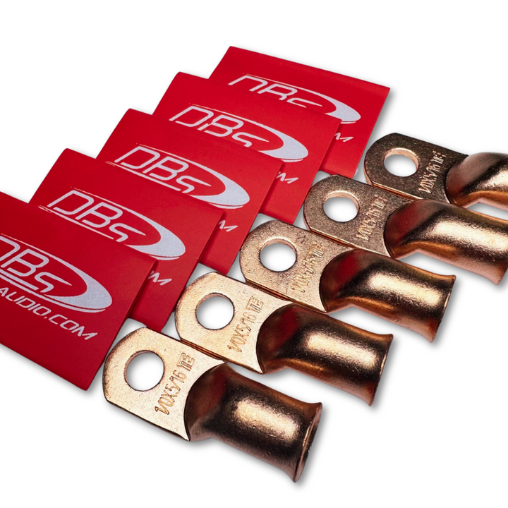Terminales de anillo de cobre 100% OFC calibre 1/0 con orificio de 5/16" - Rojo DBs Audio termorretráctil - 10 piezas
