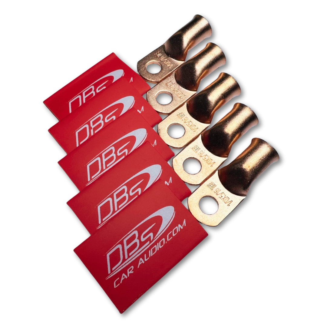 Terminales de anillo de cobre 100% OFC calibre 1/0 con orificio de 5/16" - Rojo DBs Audio termorretráctil - 10 piezas