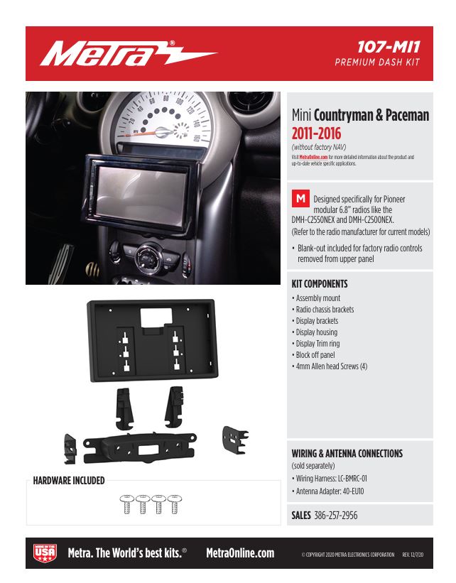 Metra 107-MI1 Dash kit for Pioneer DMH-C2550NEX 6.8" Radio - Fits 2011-2016 Mini Cooper Countryman or 2013-2016 Paceman Vehicles without Factory Navigation