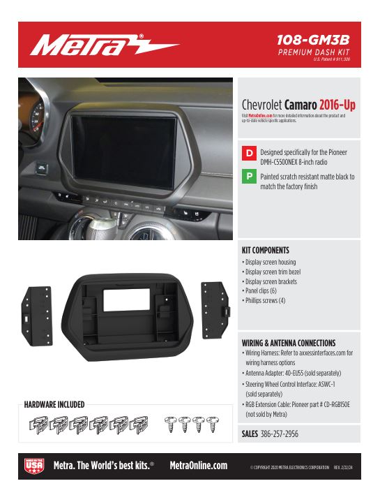 Metra 108-GM3B Dash kit for Pioneer DMH-C5500NEX 8" Radio - Fits 2016-2020 Chevrolet Camaro Vehicles