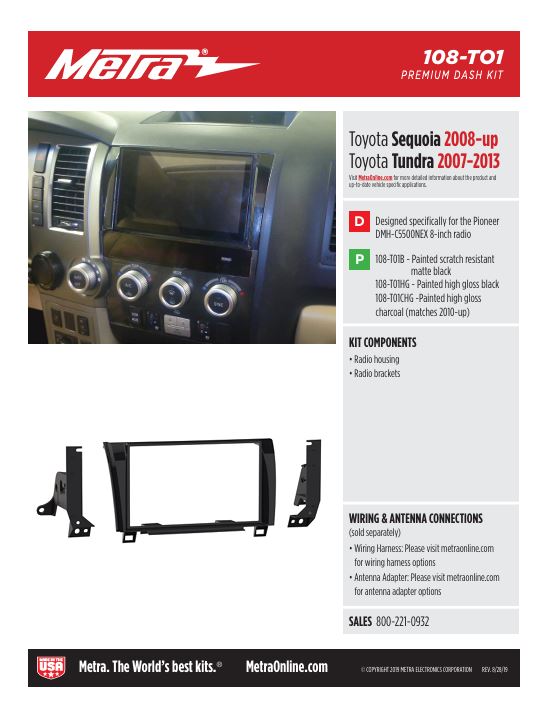 Metra 108-TO1B Dash Kit for Pioneer DMH-C5500NEX 8" Radio - Fits 2007-2013 Toyota Tundra or 2008-2019 Sequoia
