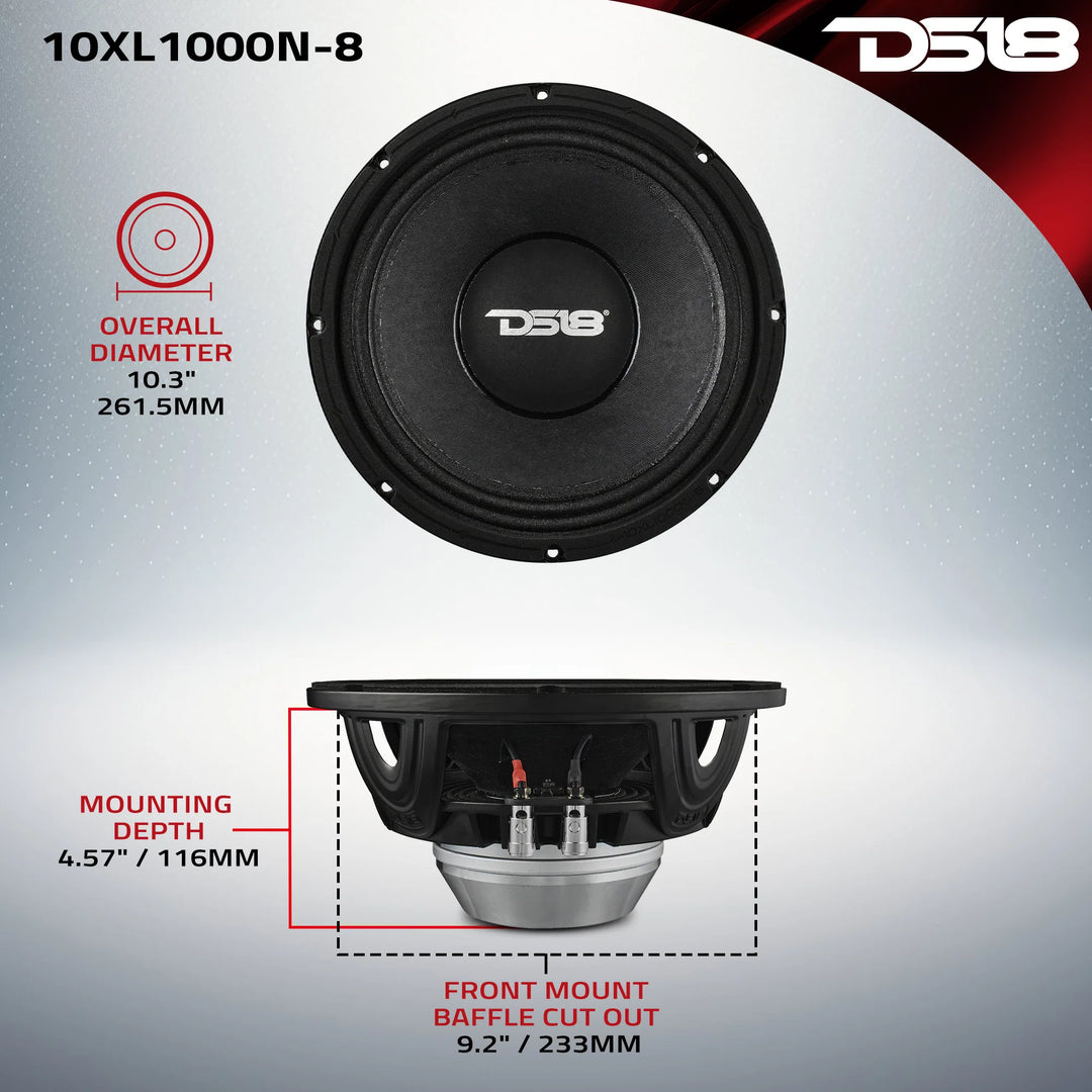 DS18 10XL1000N-8 10" Mid-Range Loudspeaker with Neodymium Magnet and 3" Voice Coil - 500 Watts Rms 8-ohm