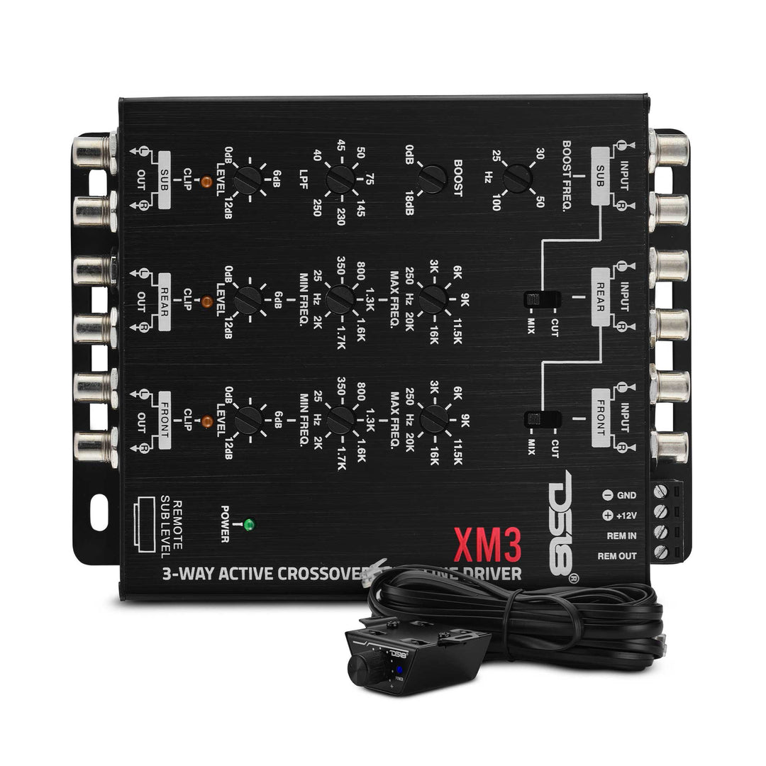 Crossover activo de 3 vías DS18 XM3 con seis salidas Rca de 9 voltios y perilla de control de nivel de subwoofer
