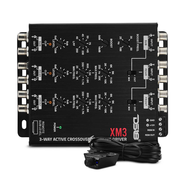 Crossover activo de 3 vías DS18 XM3 con seis salidas Rca de 9 voltios y perilla de control de nivel de subwoofer