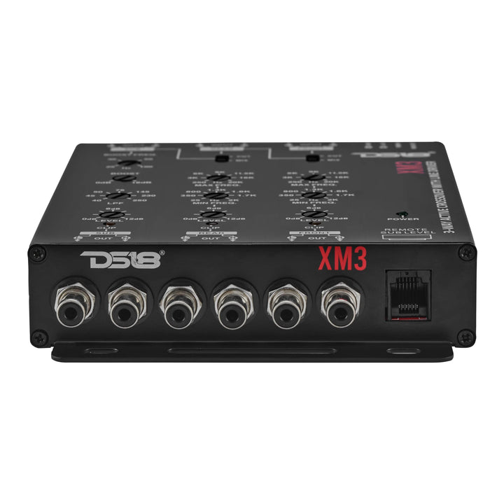 Crossover activo de 3 vías DS18 XM3 con seis salidas Rca de 9 voltios y perilla de control de nivel de subwoofer
