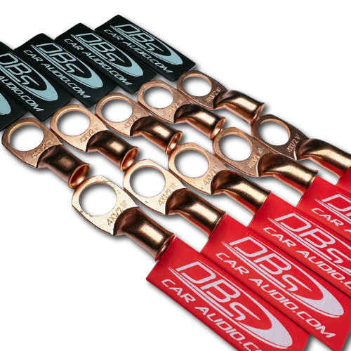 Terminales de anillo de cobre 100% OFC de calibre 4 con orificio de 1/2" - Termocontraíbles para audio de automóvil DBs rojo y negro - 20 piezas