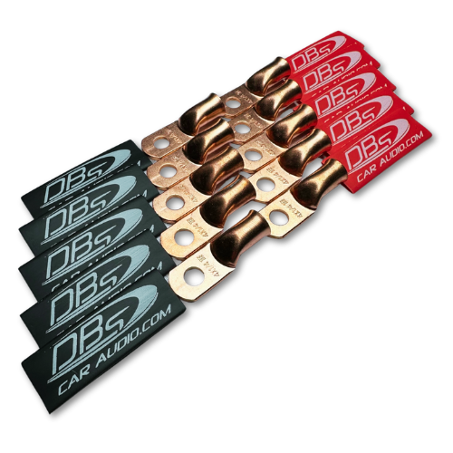 Terminales de anillo de cobre 100% OFC de calibre 4 con orificio de 1/4" - Termocontraíbles para audio de automóvil DBs rojo y negro - 20 piezas