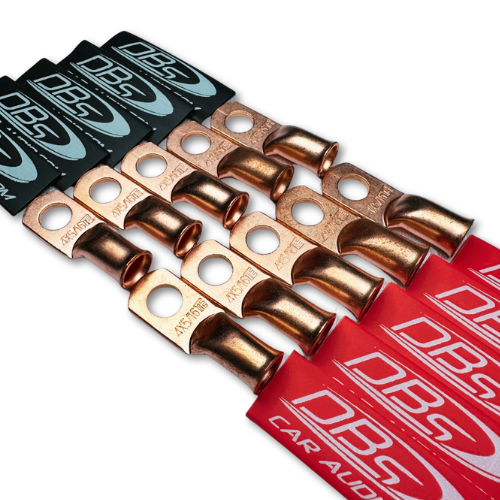 Terminales de anillo de cobre 100% OFC de calibre 4 con orificio de 5/16" - Termocontraíbles para audio de automóvil DBs rojo y negro - 20 piezas
