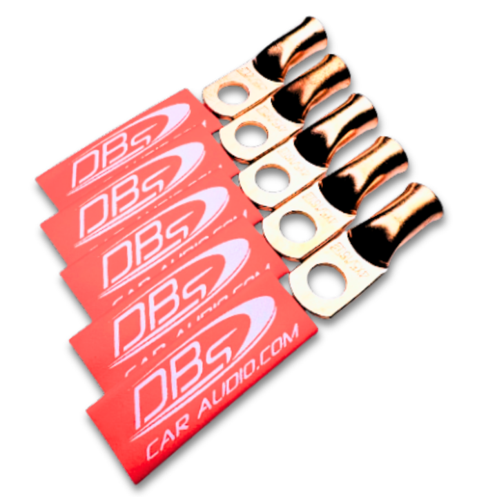 Terminales de anillo de cobre 100% OFC de calibre 4 con orificio de 5/16" - Termocontraíble para audio de automóvil DBs rojo - 10 piezas