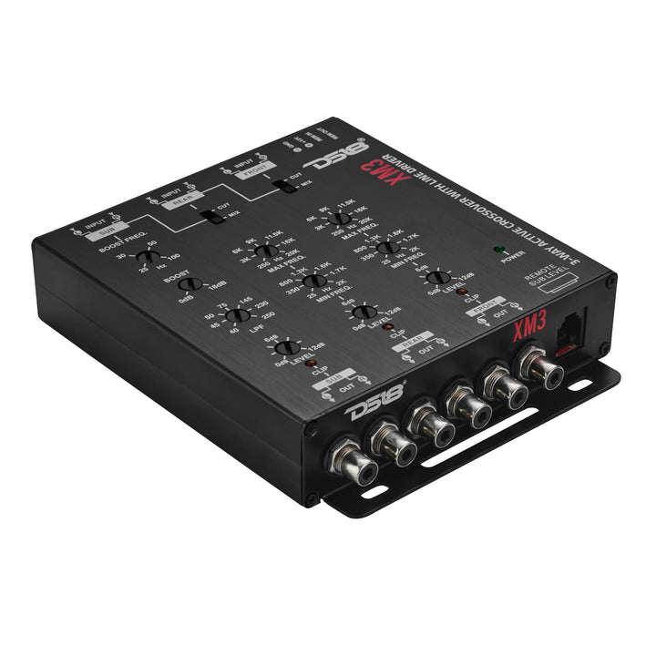 Crossover activo de 3 vías DS18 XM3 con seis salidas Rca de 9 voltios y perilla de control de nivel de subwoofer