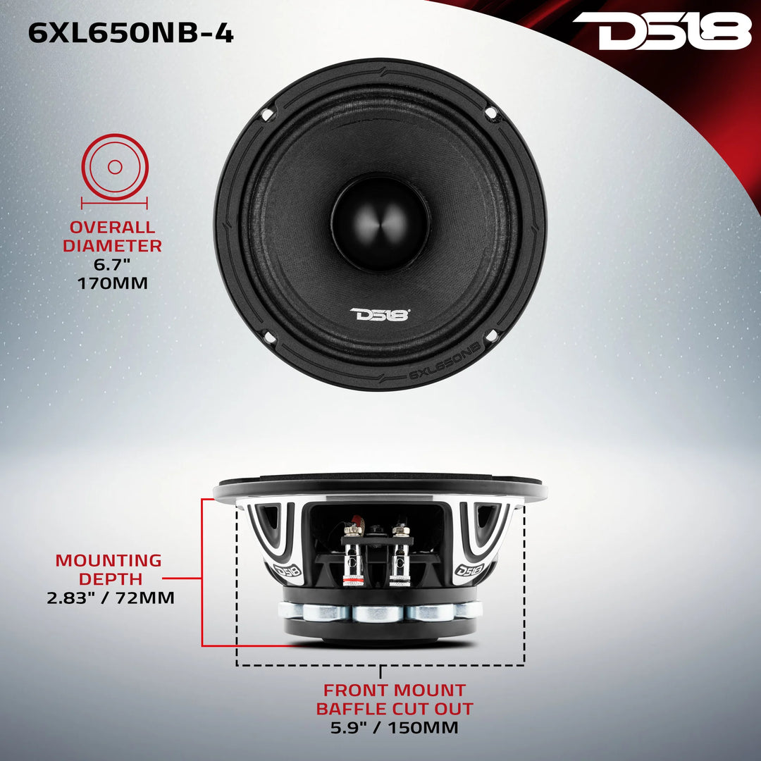 DS18 6XL650NB-4 Altavoz de rango medio de neodimio de 6,5" con bala de aluminio negro y bobina móvil de 2" - 325 vatios Rms 4 ohmios
