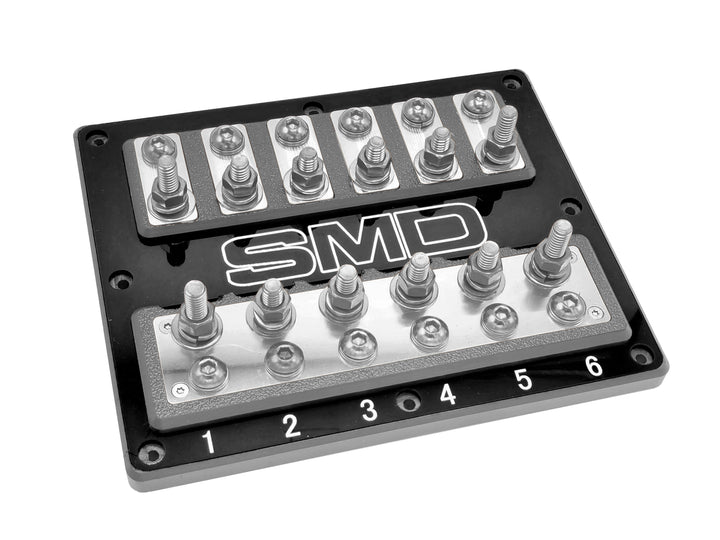 Bloque de fusibles ANL SMD Six XL2 de 6 ranuras con herrajes de aluminio pulido y cubierta acrílica transparente, fabricado en EE. UU.