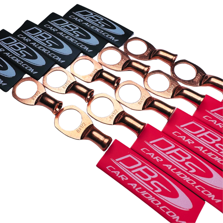 Terminales de anillo de cobre 100% OFC de calibre 8 con orificio de 1/2" - Termocontraíbles para audio de automóvil DBs rojo y negro - 20 piezas