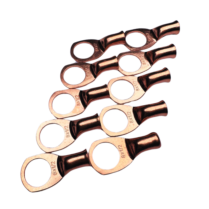 Terminal de anillo de cobre 100% OFC calibre 8 con orificio de 1/2" - 10 piezas