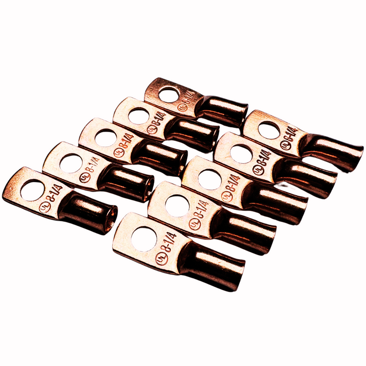 Terminal de anillo de cobre 100% OFC calibre 8 con orificio de 1/4" - 10 piezas