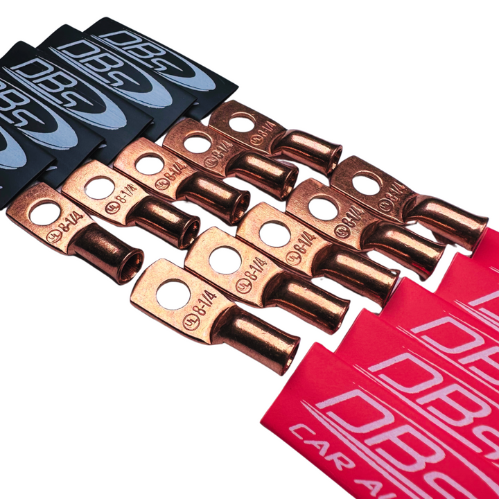Terminales de anillo de cobre 100% OFC de calibre 8 con orificio de 1/4" - Termocontraíbles para audio de automóvil DBs rojo y negro - 20 piezas