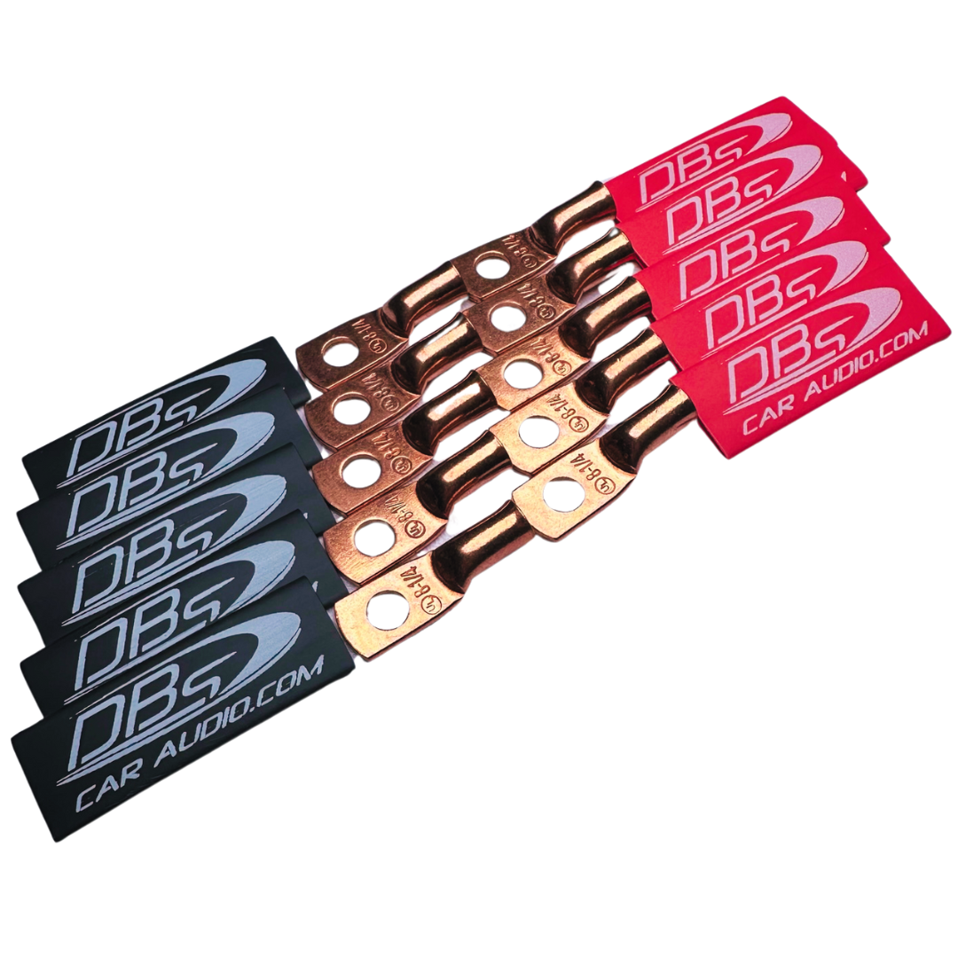 Terminales de anillo de cobre 100% OFC de calibre 8 con orificio de 1/4" - Termocontraíbles para audio de automóvil DBs rojo y negro - 20 piezas
