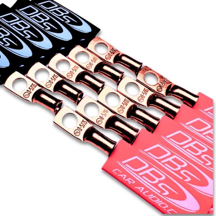 8 Gauge Copper Lug Ring Terminals with 5/16" Hole - DBs Red & Black Heat Shrink