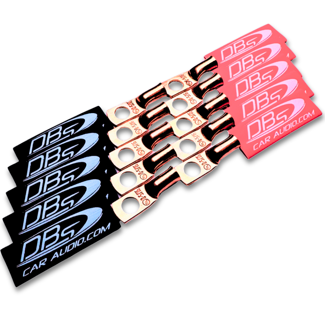 8 Gauge Copper Lug Ring Terminals with 5/16" Hole - DBs Red & Black Heat Shrink