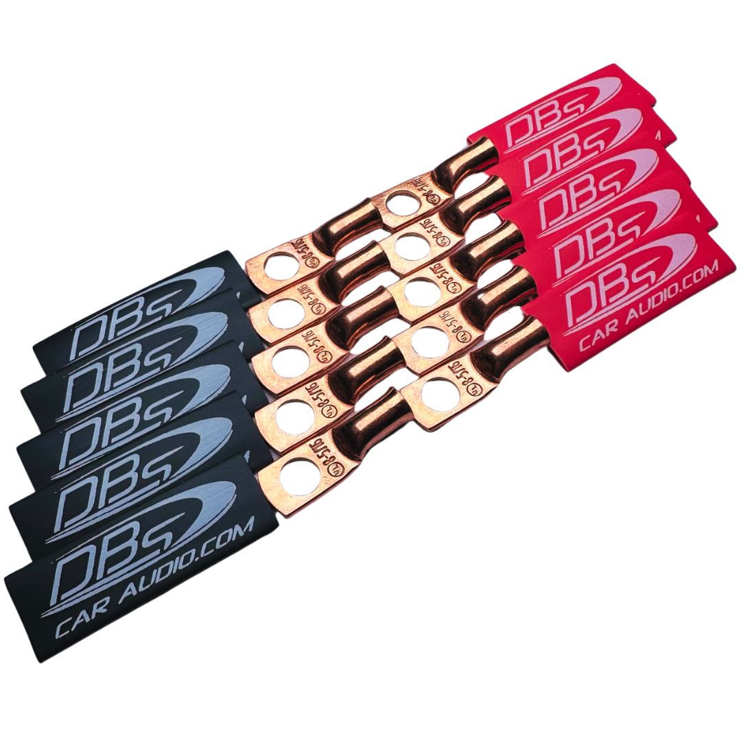 Terminales de anillo de cobre 100% OFC de calibre 8 con orificio de 5/16" - Termocontraíbles para audio de automóvil DBs rojo y negro - 20 piezas