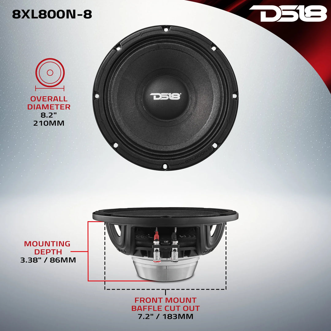 DS18 8XL800N-8 8" Mid-Range Loudspeaker with Neodymium Magnet and 2" Voice Coil - 400 Watts Rms 8-ohm