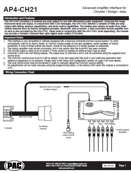 Pac-Audio AP4-CH21 Amplifier Integration Interface for Select 2007-2018 Chrysler, Dodge or Jeep for Non Amplified and Amplified Systems
