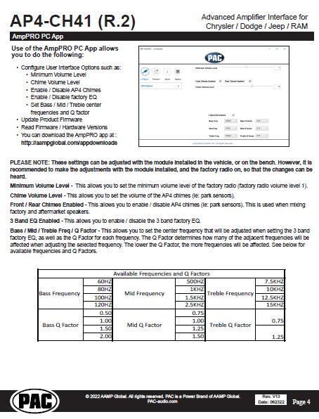 Pac-Audio AP4-CH41 R.2 Amplifier Integration Interface for Select 2015-2023 Chrysler, Dodge or Jeep for Non Amplified and Amplified Systems