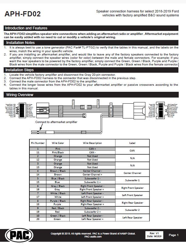 Pac-Audio APH-FD02 Speaker Wire Extension Harness for Select 2018-2020 Ford Vehicles with B&O Audio System