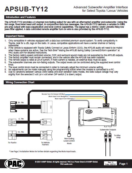 Pac-Audio APSUB-TY12 Subwoofer Amplifier Integration Interface for Select 2013-2019 Toyota or Lexus with Factory Amplified Audio System