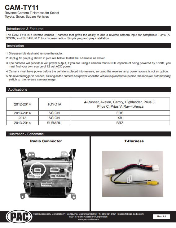 Pac-Audio CAM-TY11 OEM Reverse Camera Retention Harness for Select 2012-2015 Toyota, Scion or Subaru Vehicles
