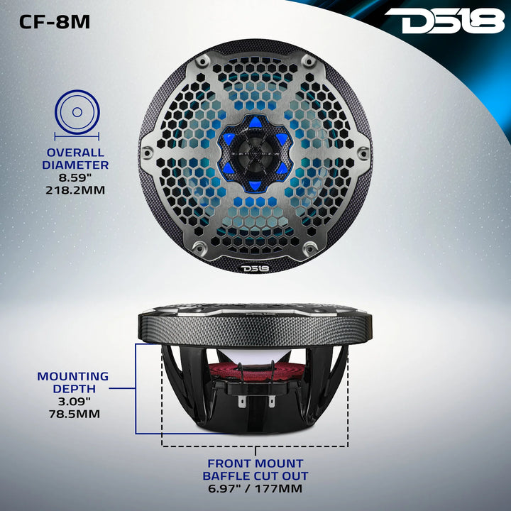 DS18 CF-8M 8" 2-Way Marine Speakers with LEDs - 125 Watts Rms 4-ohm