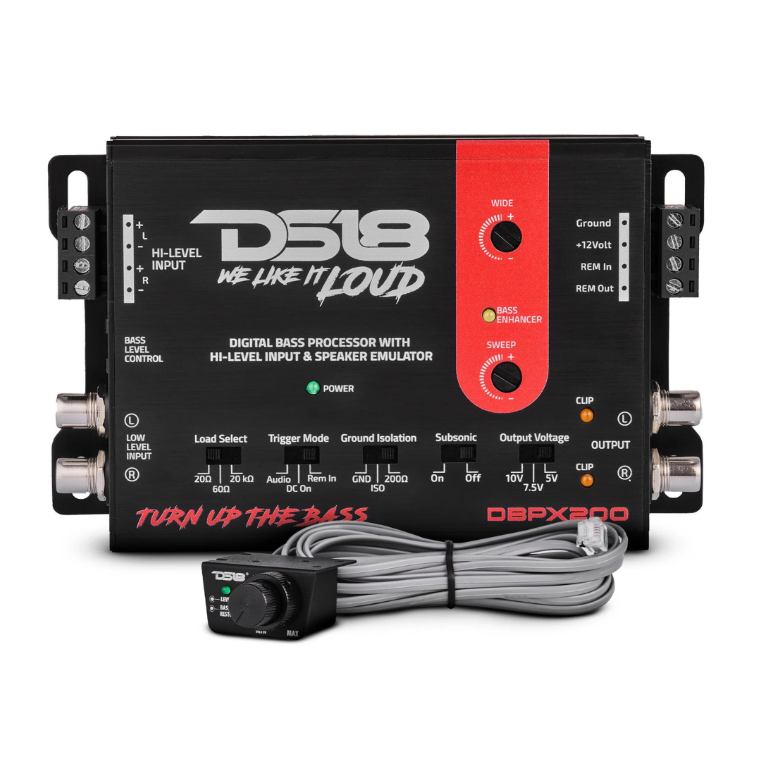 Procesador de graves digital DS18 DBPX200 de 2 canales con convertidor de señal alta a baja, emulador de altavoz y control remoto con cable