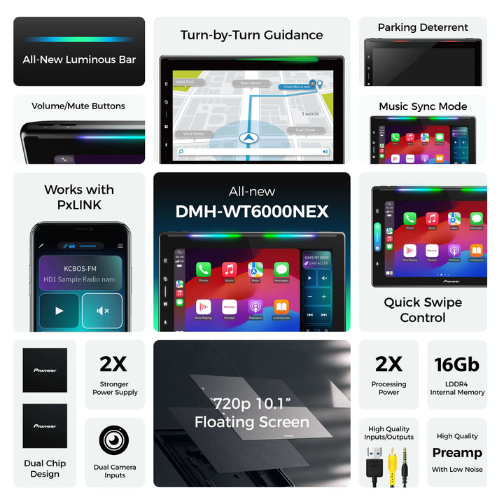 Pioneer DMH-WT6000NEX Single-Din 10.1" Floating Screen Multimedia Receiver with Wireless Apple CarPlay & Android Auto