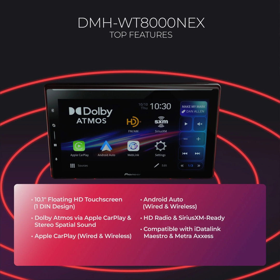 Pioneer DMH-WT8000NEX Single-Din 10.1" Floating Screen Multimedia Receiver with Wireless Apple CarPlay & Android Auto