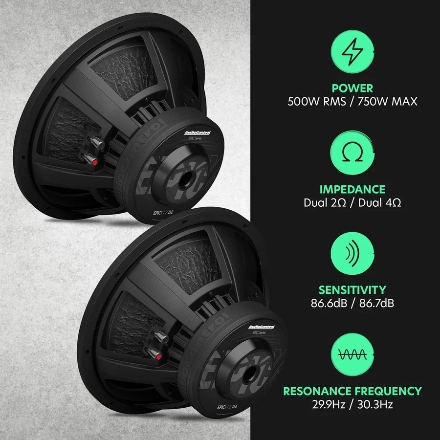 AudioControl EPICX 12" Subwoofer - 500 Watts Rms Dual 4-ohm or 2-ohm
