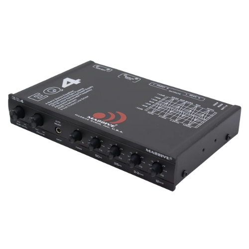 Massive Audio EQ4 Ecualizador gráfico de 4 bandas para tablero con perilla de control de subwoofer y salidas Rca de 8 voltios
