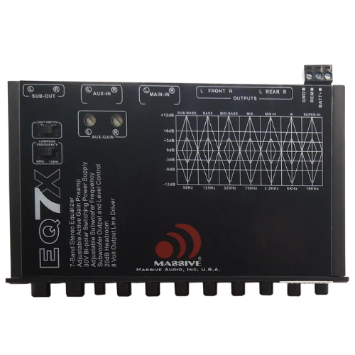 Massive Audio EQ7X Ecualizador gráfico de 7 bandas para tablero con perilla de control de subwoofer y salidas Rca de 8 voltios