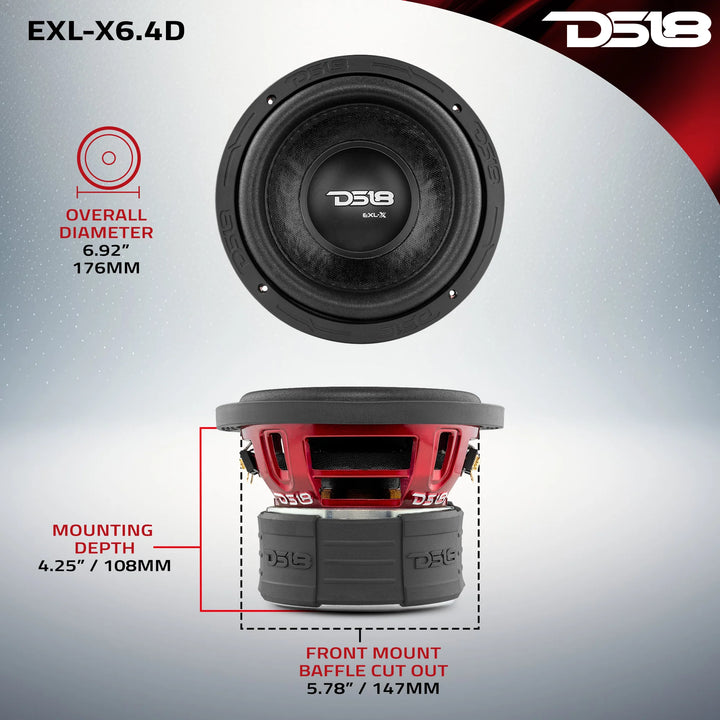 Subwoofer DS18 EXL-X6.4D de 6,5" con bobina móvil de aluminio negro de 2" - 400 vatios Rms 4 ohmios DVC