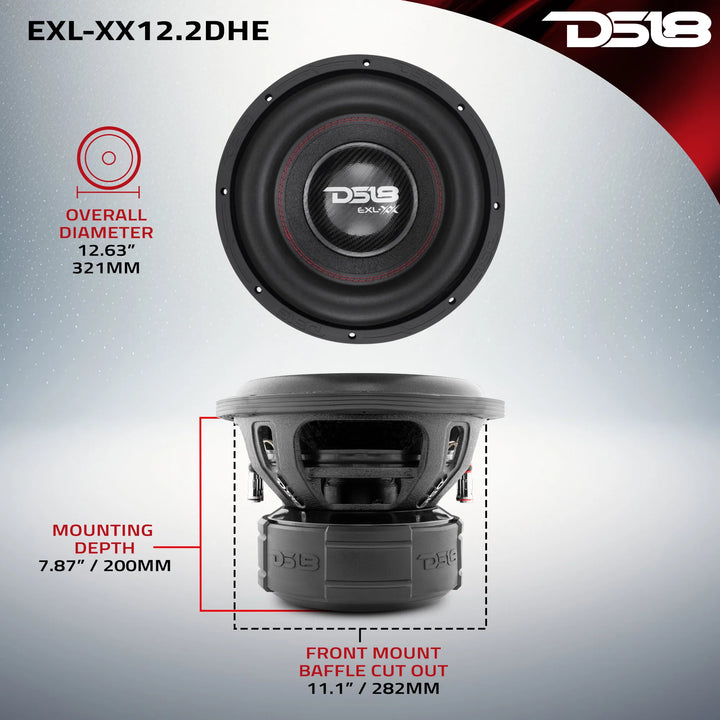DS18 EXL-XX12.2DHE Subwoofer de 12" con bobina móvil de aluminio negro de 3" - 2000 vatios Rms 2 ohmios DVC