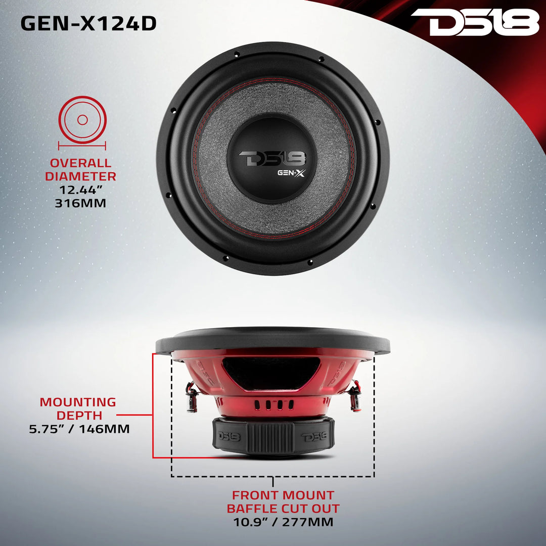 Subwoofer DS18 GEN-X124D de 12" con bobina móvil de aluminio negro de 2" - 450 vatios Rms 4 ohmios DVC
