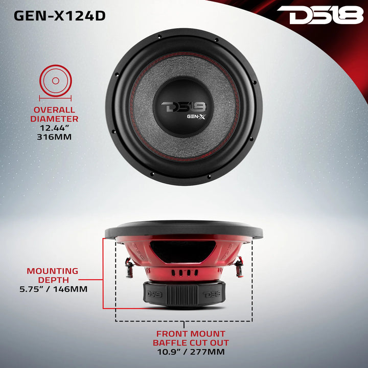 Subwoofer DS18 GEN-X124D de 12" con bobina móvil de aluminio negro de 2" - 450 vatios Rms 4 ohmios DVC