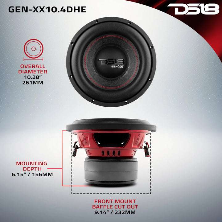 DS18 GEN-XX10.4DHE Subwoofer de 10" con bobina móvil de aluminio negro de 2" - 500 vatios Rms 4 ohmios DVC