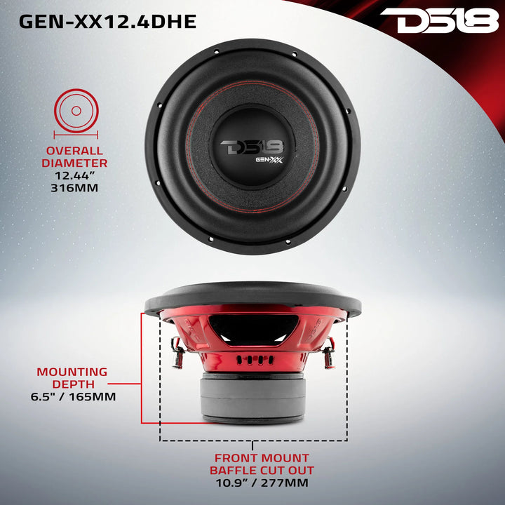 DS18 GEN-XX12.4DHE Subwoofer de 12" con bobina móvil de aluminio negro de 2" - 600 vatios Rms 4 ohmios DVC