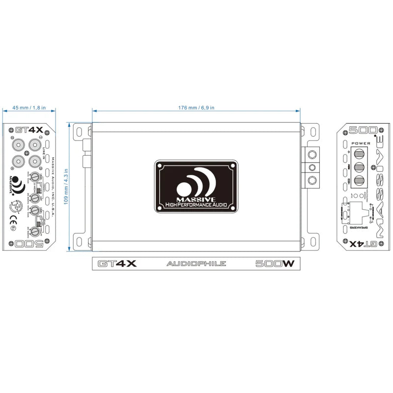 Massive Audio GT4X 4-Channel Amplifier - 4 x 75 Watts Rms @ 4-ohm