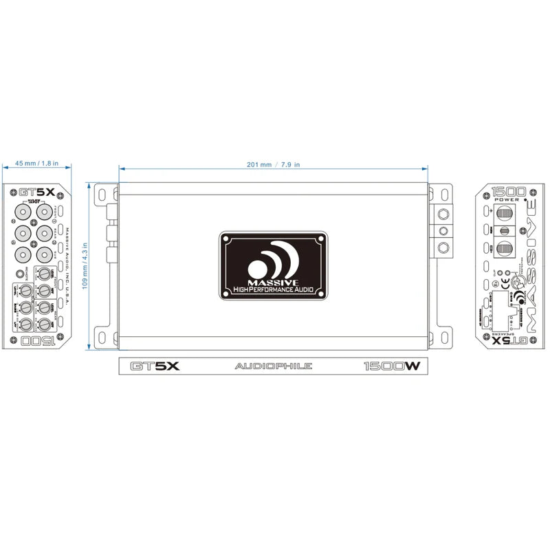 Massive Audio GT5X 5-Channel Amplifier - 4 x 75 Watts Rms @ 4-ohm + 510 Watts Rms @ 1-ohm