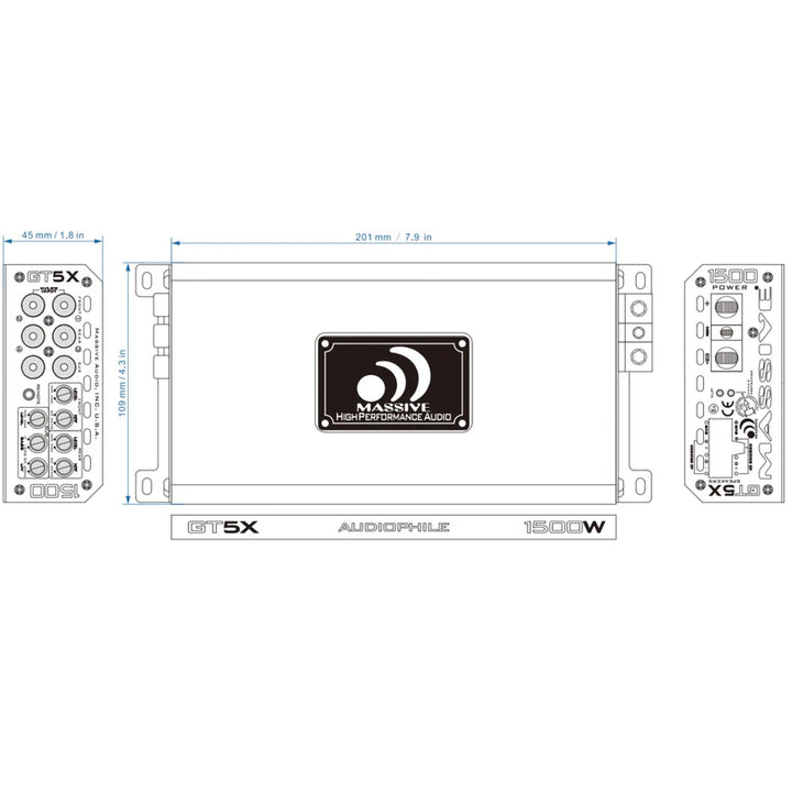 Massive Audio GT5X 5-Channel Amplifier - 4 x 75 Watts Rms @ 4-ohm + 510 Watts Rms @ 1-ohm