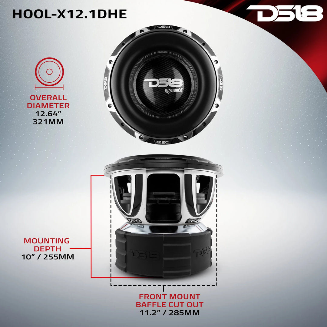 DS18 HOOL-X12.1DHE Subwoofer de 12" con bobina móvil de aluminio negro de 4" - 4000 vatios Rms 1 ohmio DVC