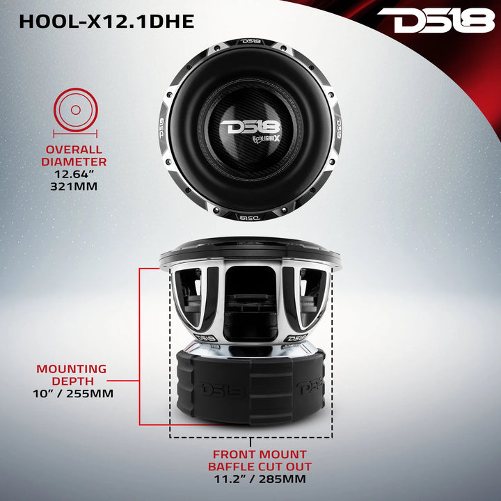 DS18 HOOL-X12.1DHE Subwoofer de 12" con bobina móvil de aluminio negro de 4" - 4000 vatios Rms 1 ohmio DVC