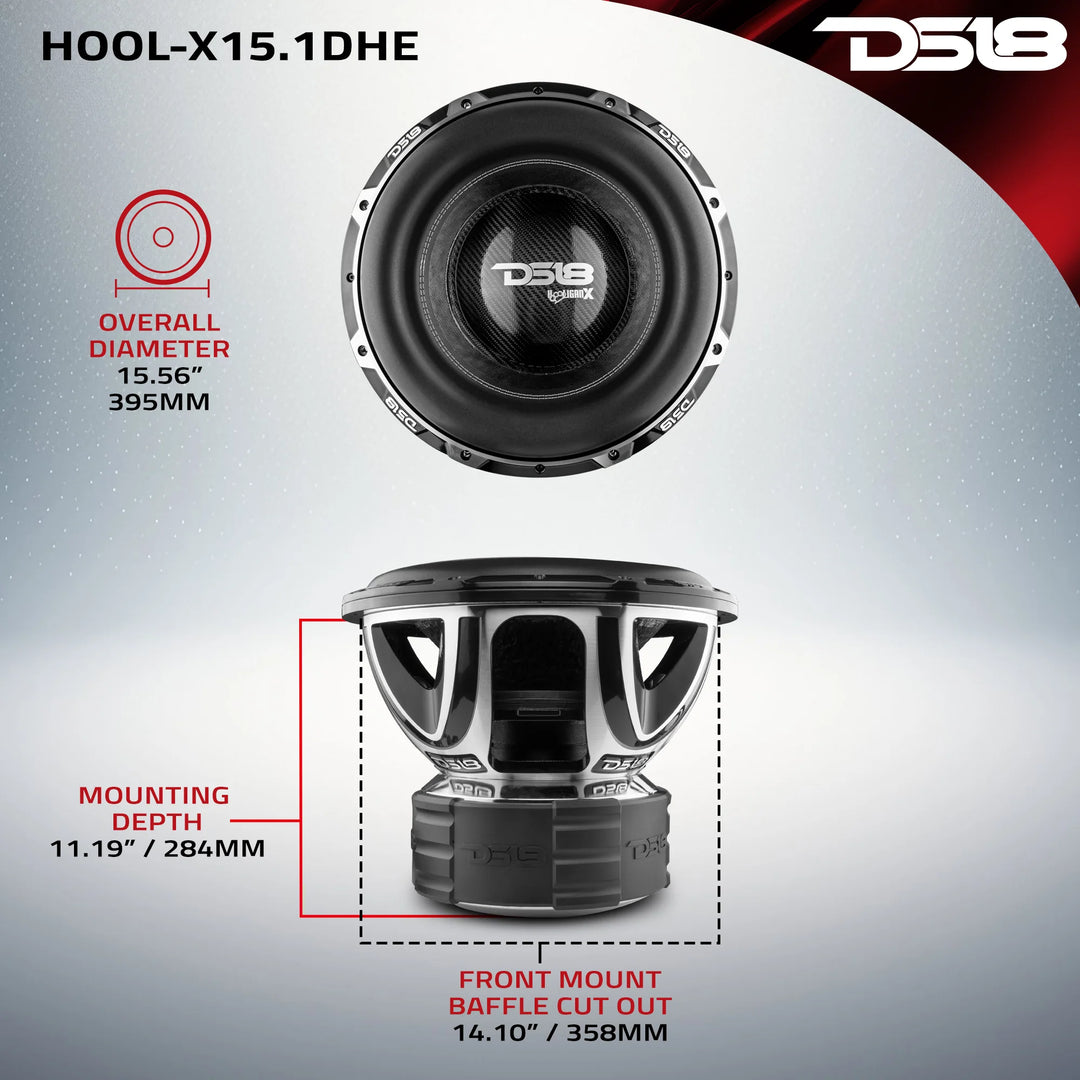 DS18 HOOL-X15.1DHE Subwoofer de 15" con bobina móvil de aluminio negro de 4" - 4000 vatios Rms 2 ohmios DVC